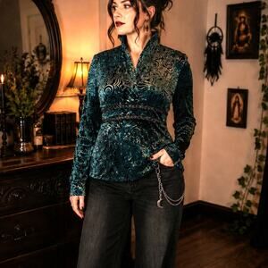 Whimsigoth Velvet Burnout Top Teal Black Beaded Empire Waist L Witchy Goth